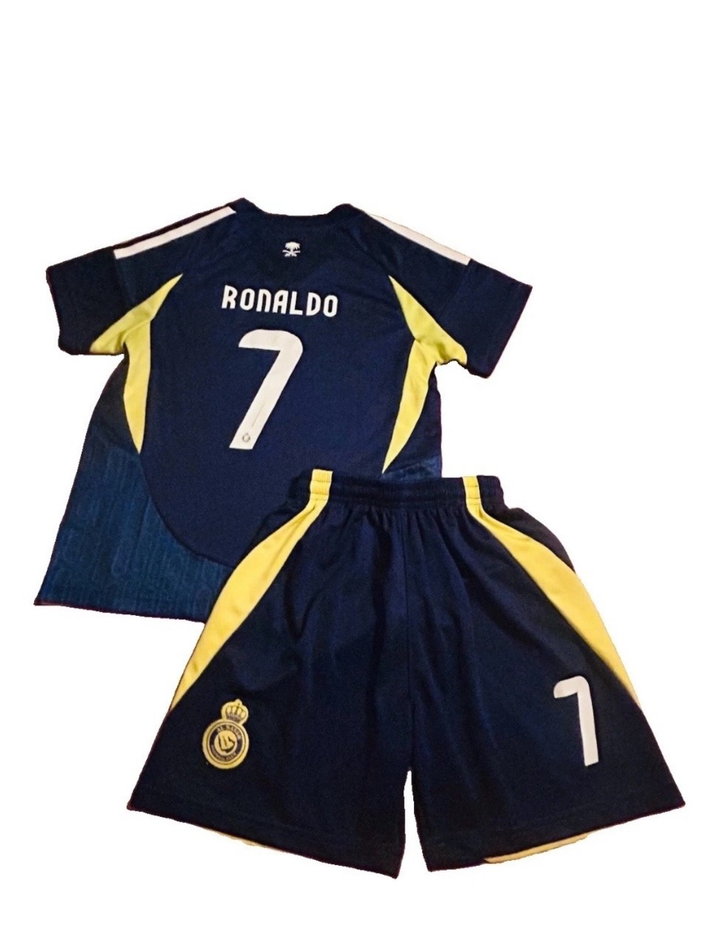Al Nassr Blue and Yellow Ronaldo #7 Kids Soccer Jersey & Shorts Size 22